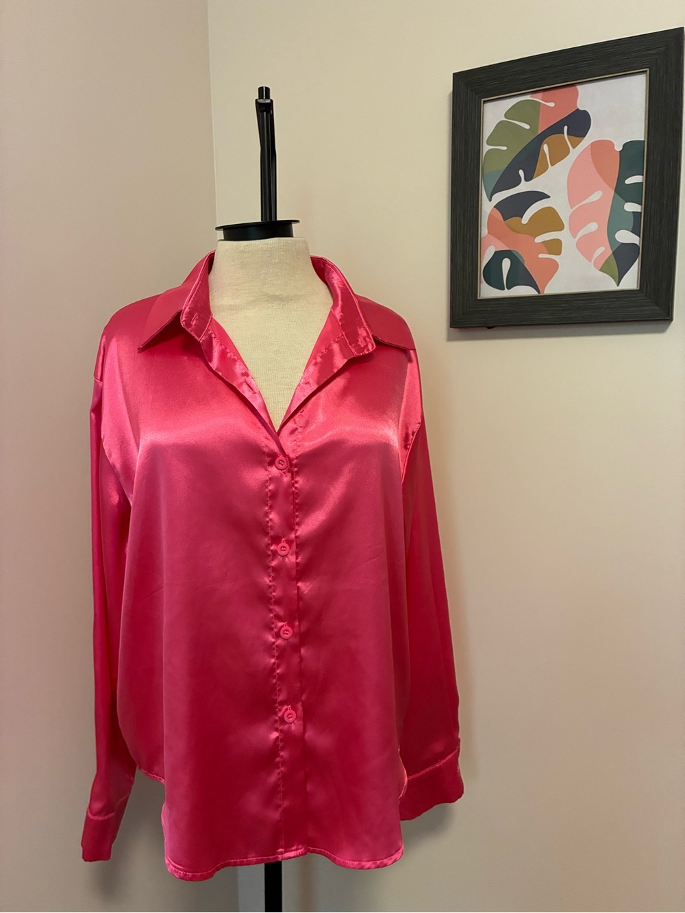 Satin Button-Down Blouse in Hot Pink